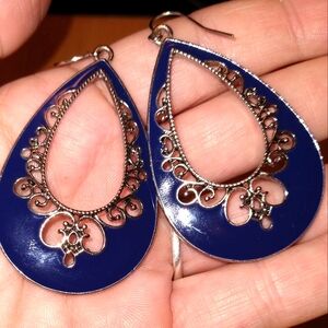Vintage Premier Designs Dark Blue Enamel & Silver Teardrop Filigree Earrings
